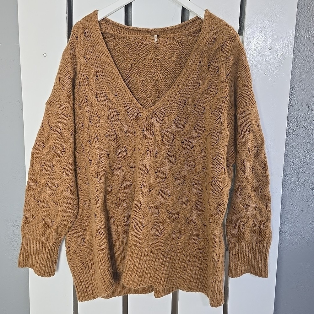 Free People Womens Wool Alpaca Open Cable Knit Oversized Sweater‎ Medium Brown